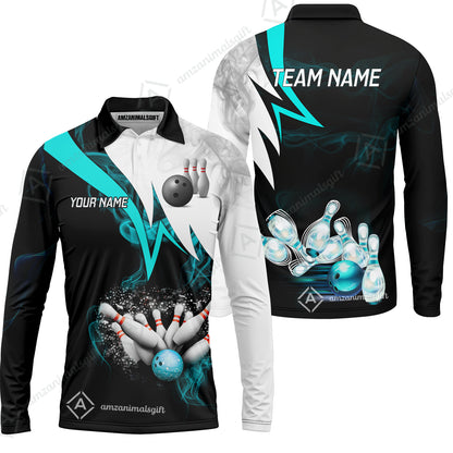 Customized Bowling Polo, Cyan Smoke Pattern Bowling And Pins Premium Customized Name And Team Name Jerseys Polo Shirts