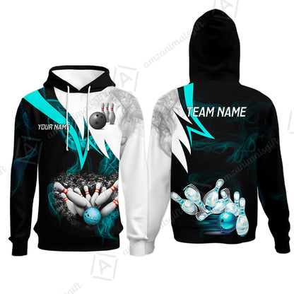 Customized Bowling Polo, Cyan Smoke Pattern Bowling And Pins Premium Customized Name And Team Name Jerseys Polo Shirts