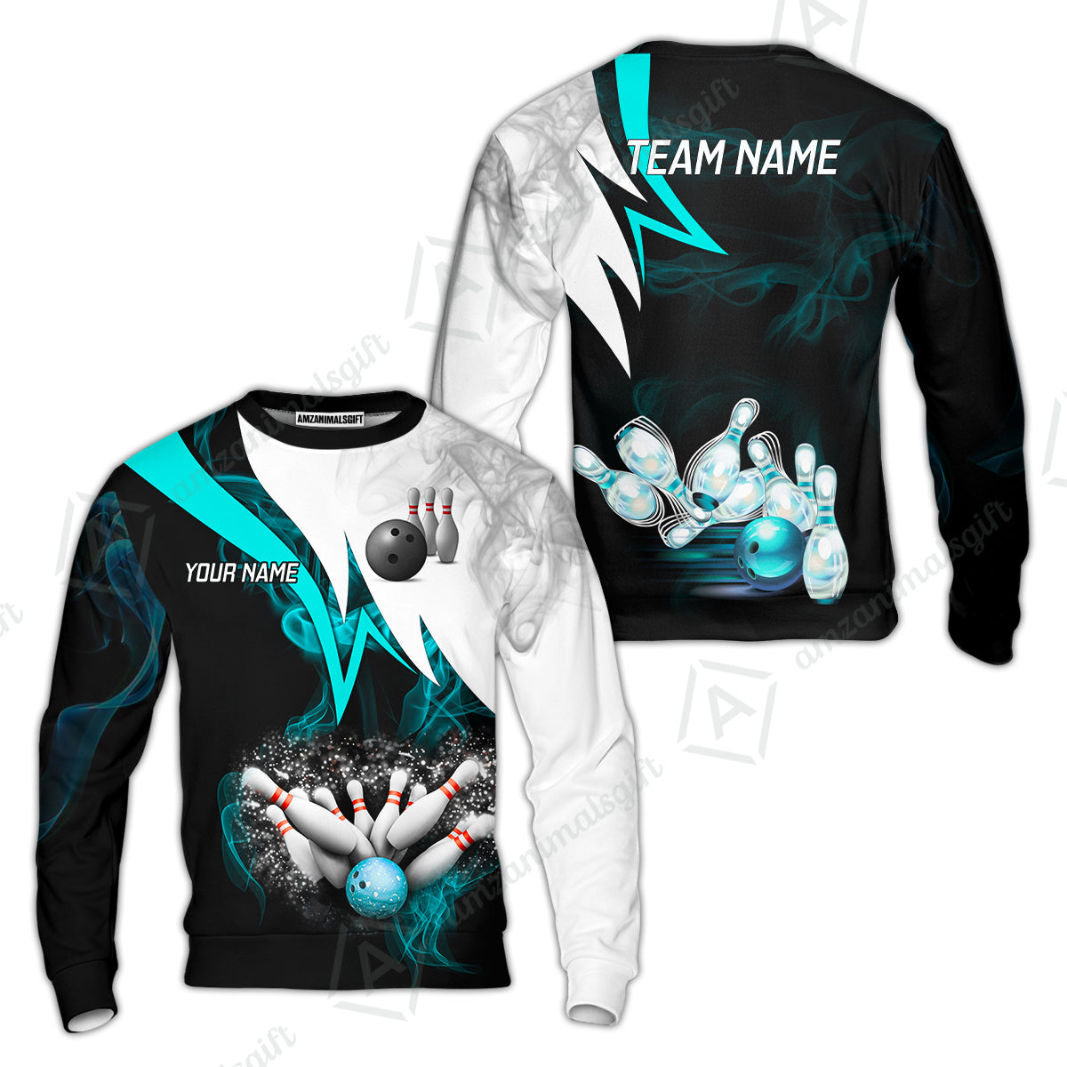 Customized Bowling Polo, Cyan Smoke Pattern Bowling And Pins Premium Customized Name And Team Name Jerseys Polo Shirts