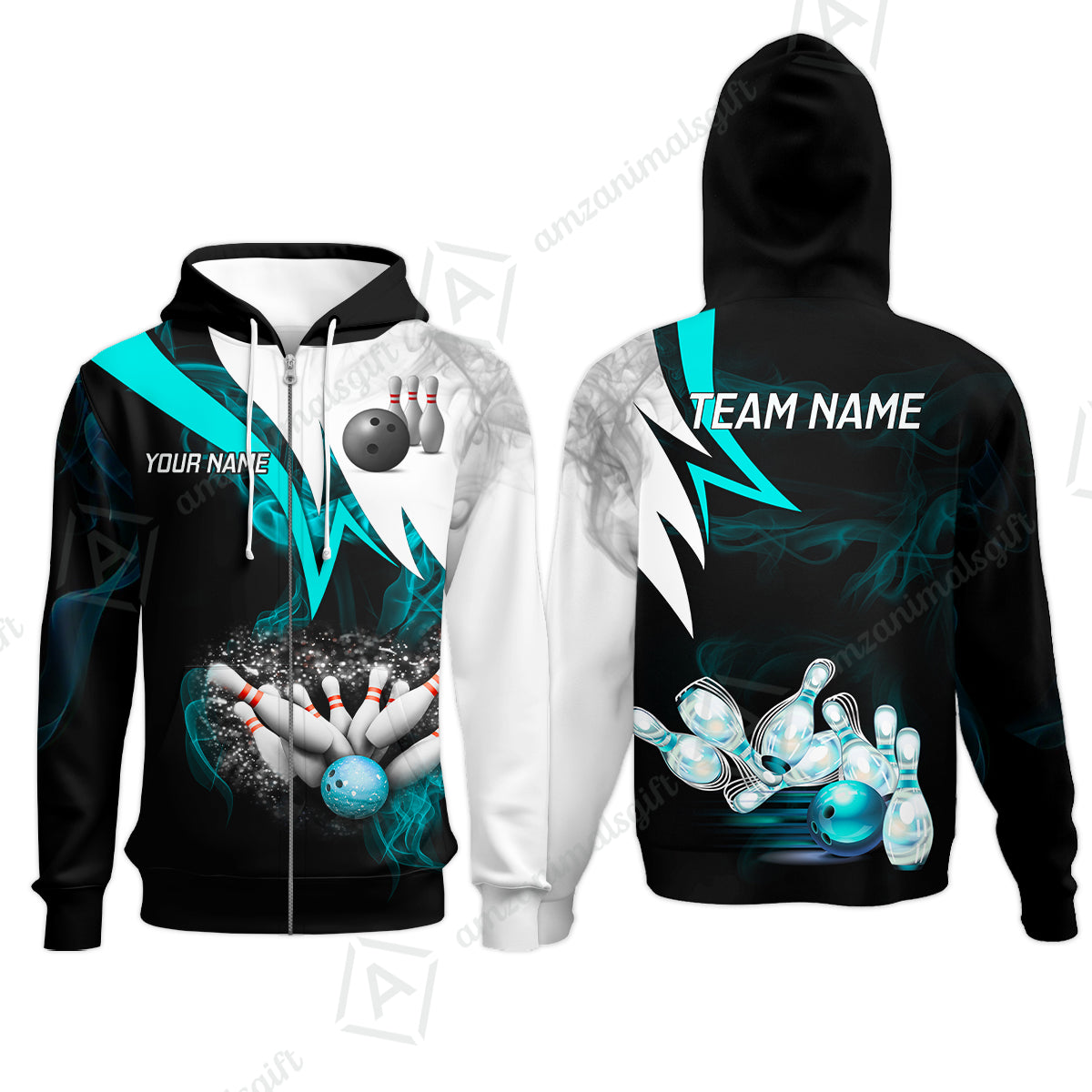 Customized Bowling Polo, Cyan Smoke Pattern Bowling And Pins Premium Customized Name And Team Name Jerseys Polo Shirts