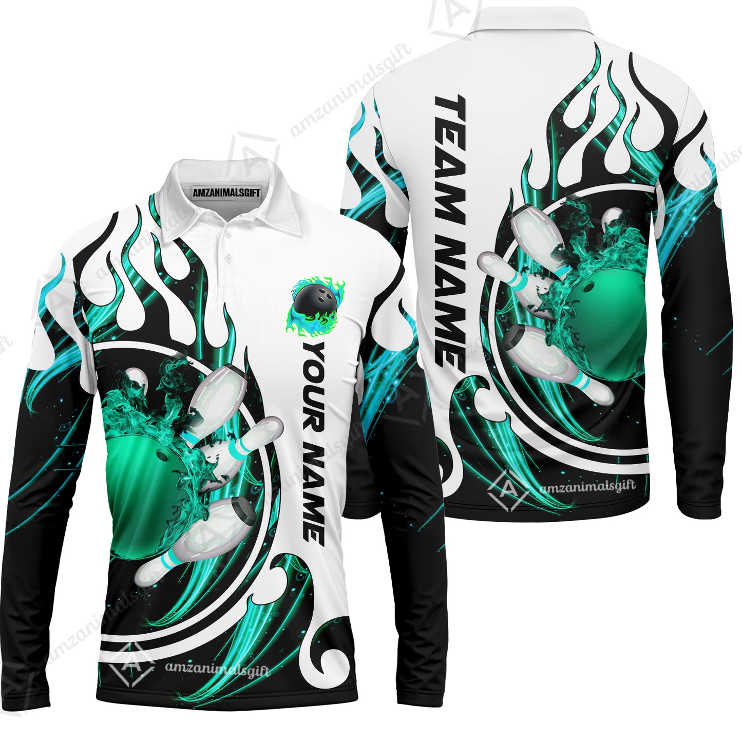 Customized Bowling Jersey Shirt, Fire Blaster Bowling And Pins Multicolor Option Customized Name, Team Name Jerseys Polo Shirts For Bowling Team