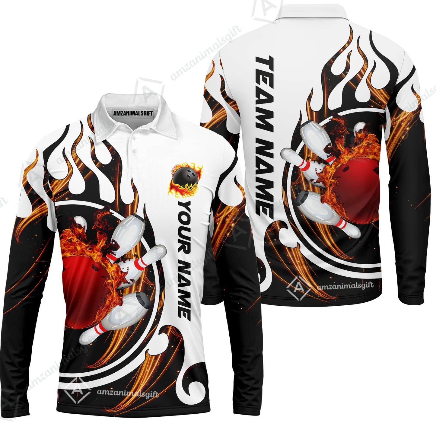 Customized Bowling Jersey Shirt, Fire Blaster Bowling And Pins Multicolor Option Customized Name, Team Name Jerseys Polo Shirts For Bowling Team