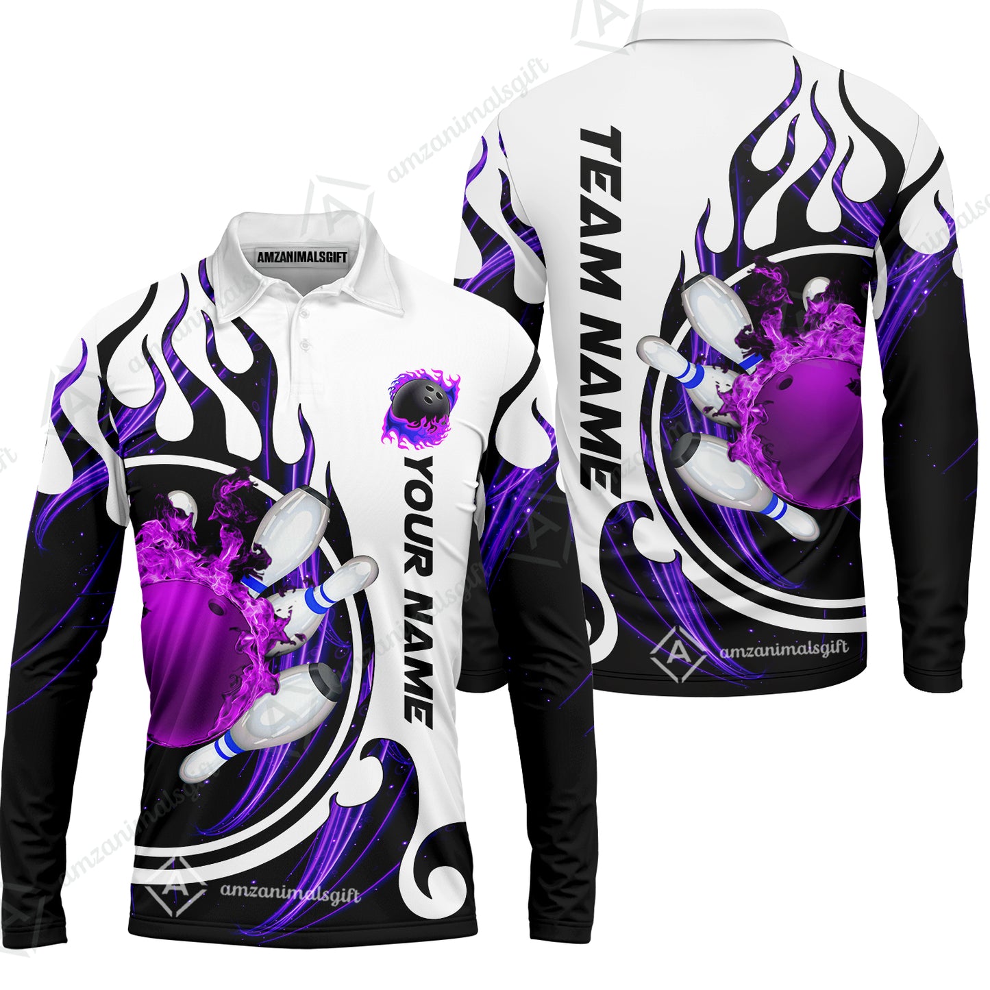 Customized Bowling Jersey Shirt, Fire Blaster Bowling And Pins Multicolor Option Customized Name, Team Name Jerseys Polo Shirts For Bowling Team