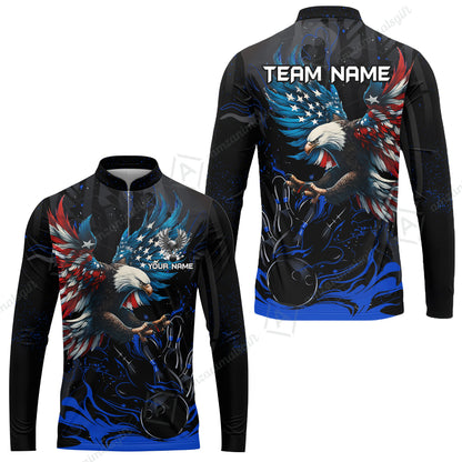Custom Bowling Team Jerseys, Bowling uniforms Quarter-Zip Polo, Bowling Ball & Pins Almighty American Eagle Customized Name And Team Name