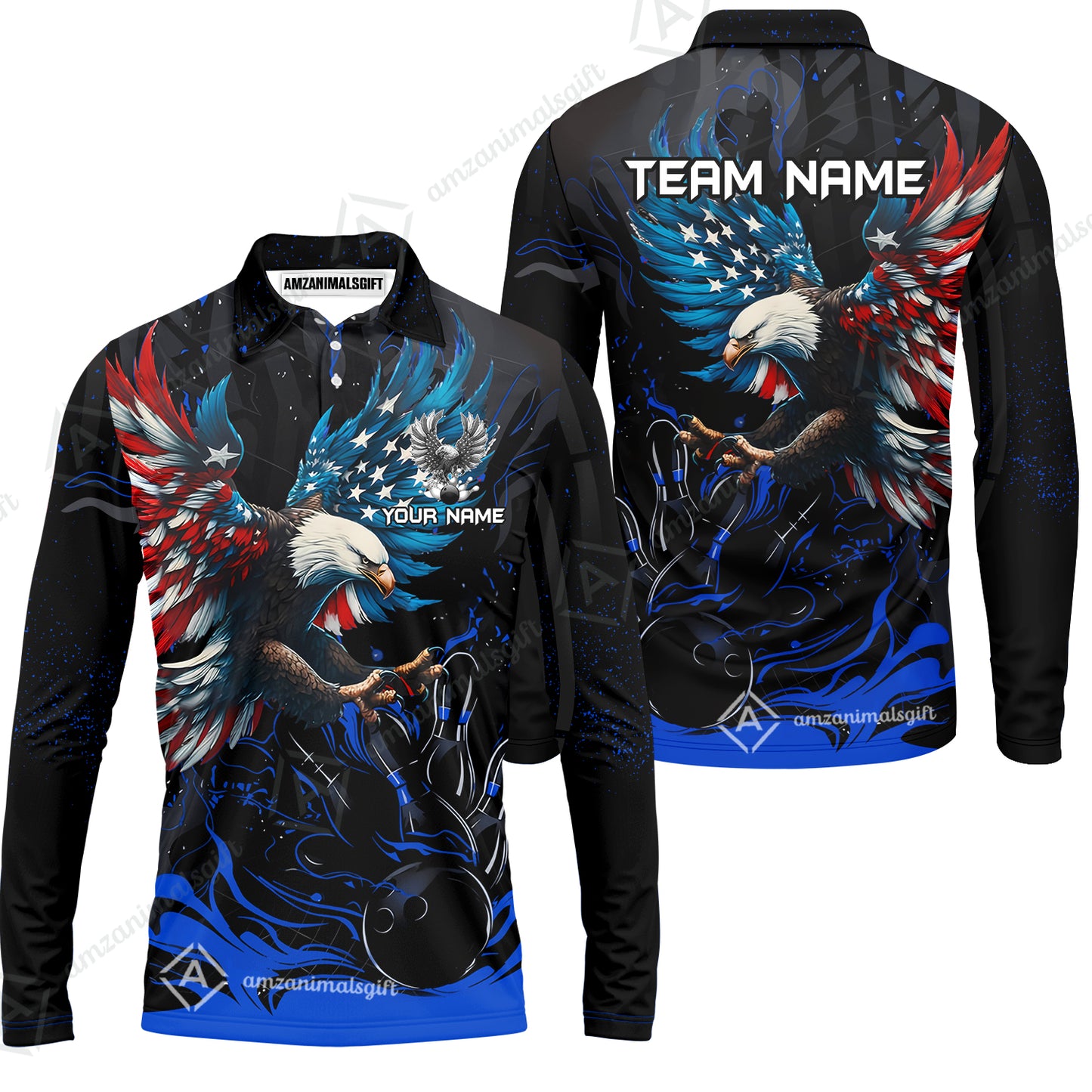 Custom Bowling Team Jerseys, Bowling uniforms Quarter-Zip Polo, Bowling Ball & Pins Almighty American Eagle Customized Name And Team Name