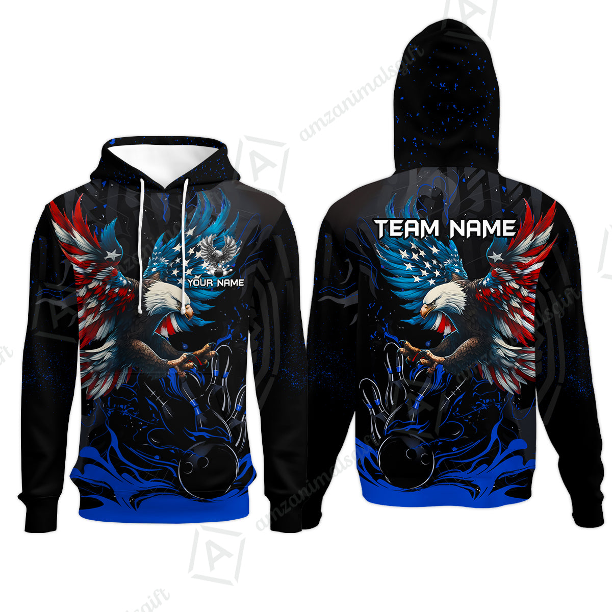Custom Bowling Team Jerseys, Bowling uniforms Quarter-Zip Polo, Bowling Ball & Pins Almighty American Eagle Customized Name And Team Name
