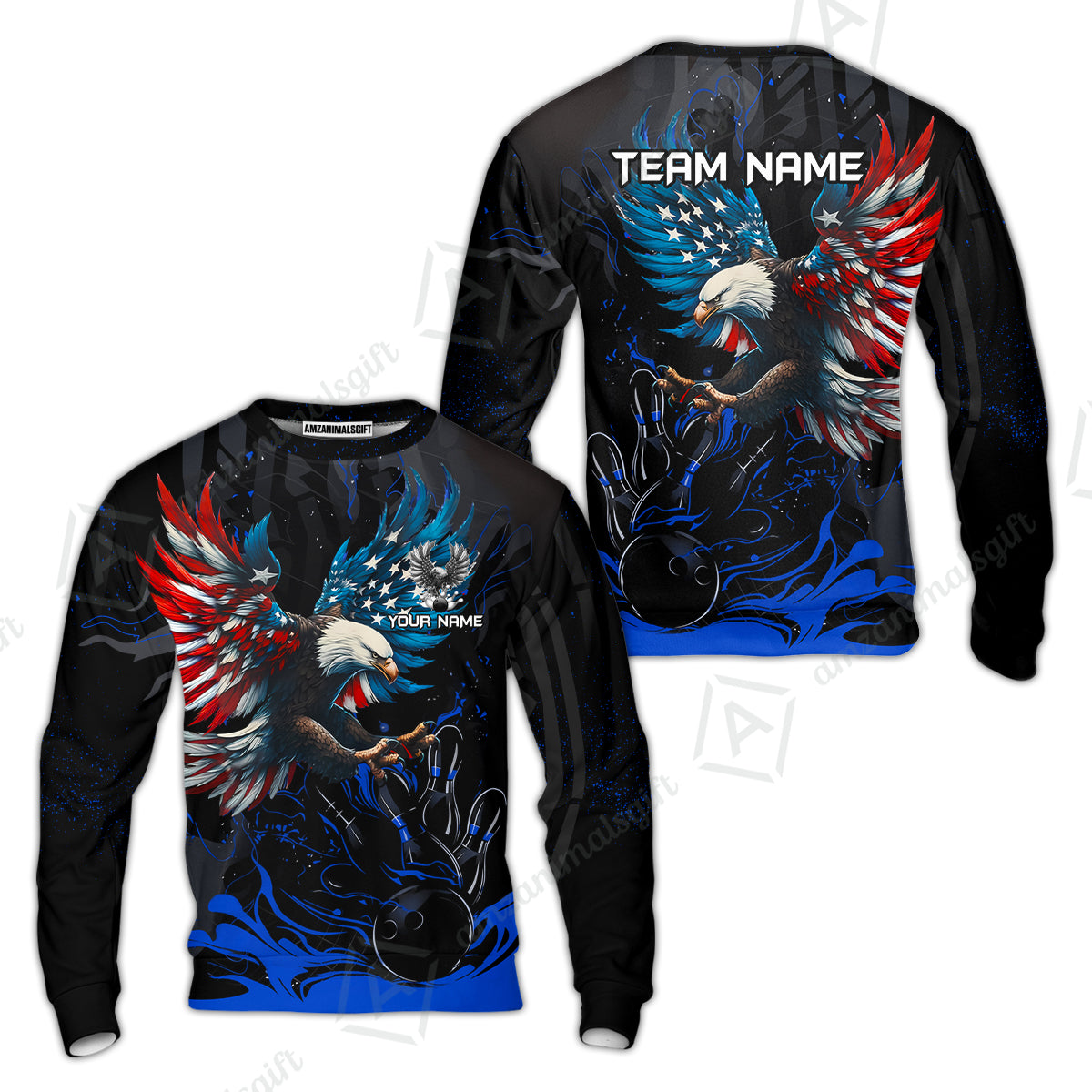 Custom Bowling Team Jerseys, Bowling uniforms Quarter-Zip Polo, Bowling Ball & Pins Almighty American Eagle Customized Name And Team Name