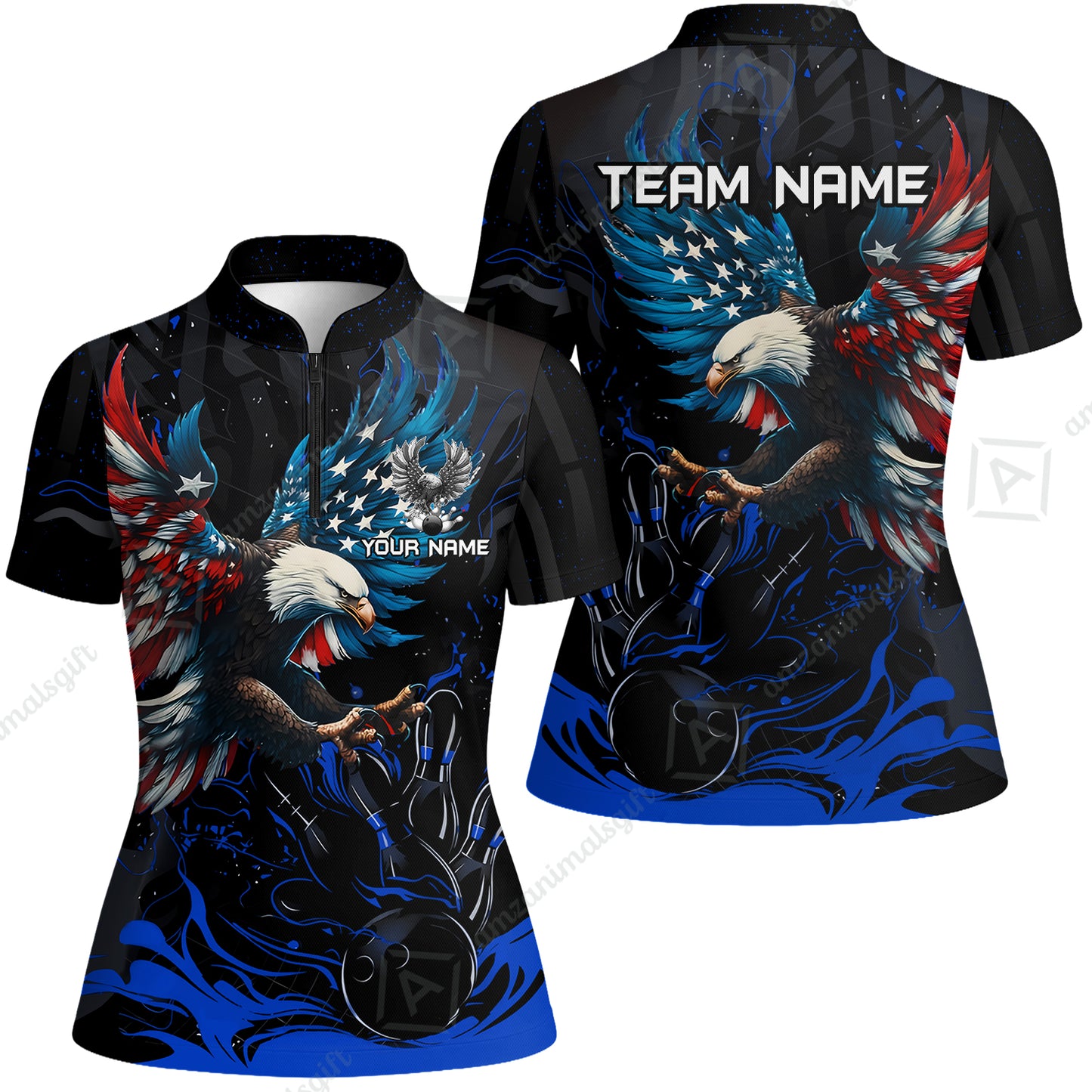 Custom Bowling Team Jerseys, Bowling uniforms Quarter-Zip Polo, Bowling Ball & Pins Almighty American Eagle Customized Name And Team Name