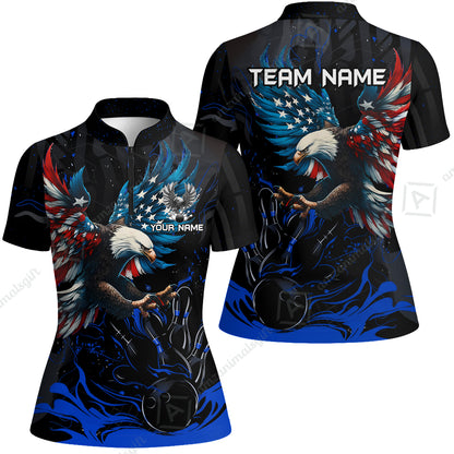 Custom Bowling Team Jerseys, Bowling uniforms Quarter-Zip Polo, Bowling Ball & Pins Almighty American Eagle Customized Name And Team Name