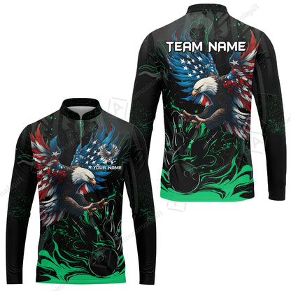 Custom Bowling Team Jerseys, Bowling uniforms Quarter-Zip Polo, Bowling Ball & Pins Almighty American Eagle Customized Name And Team Name