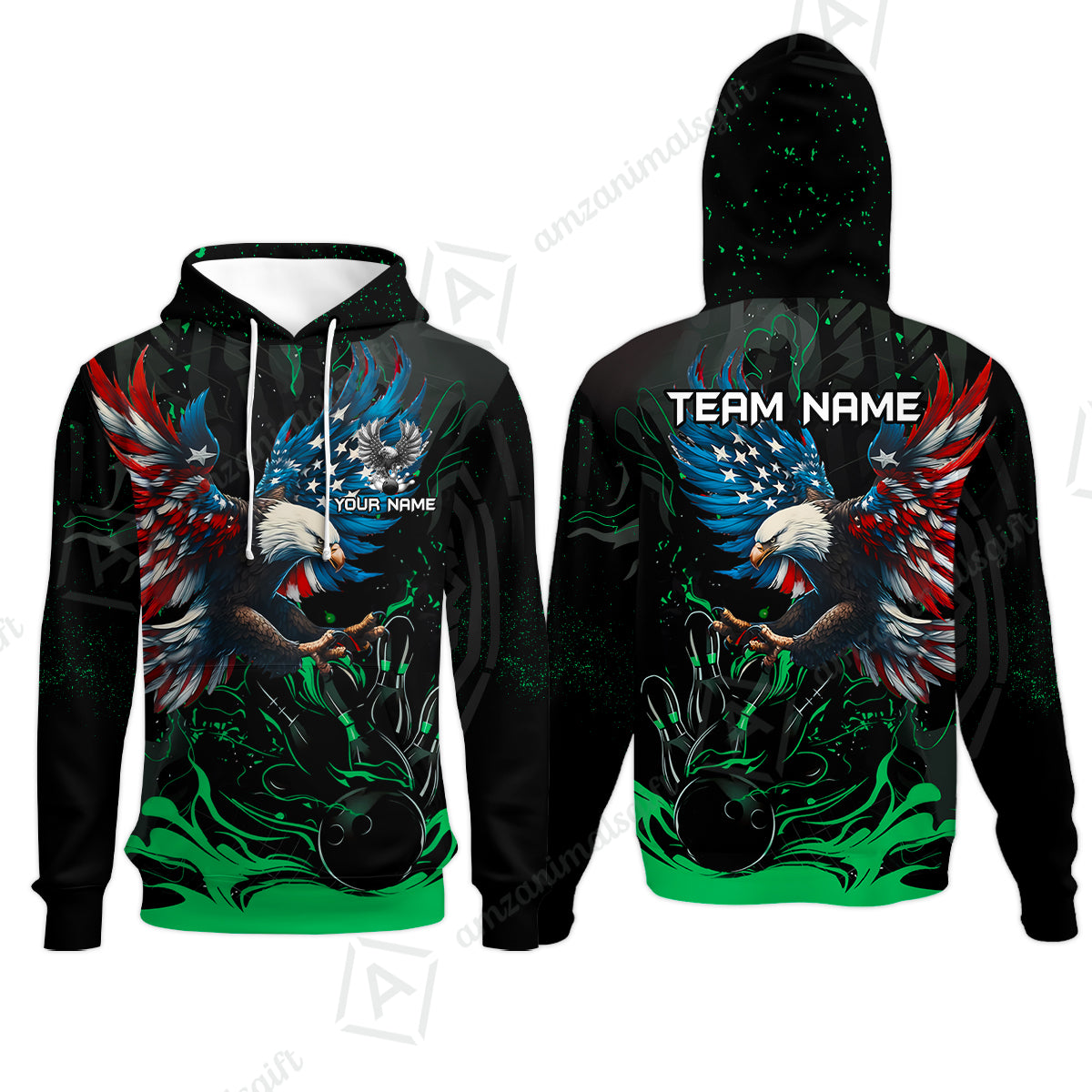 Custom Bowling Team Jerseys, Bowling uniforms Quarter-Zip Polo, Bowling Ball & Pins Almighty American Eagle Customized Name And Team Name