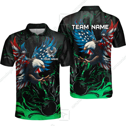 Custom Bowling Team Jerseys, Bowling uniforms Quarter-Zip Polo, Bowling Ball & Pins Almighty American Eagle Customized Name And Team Name