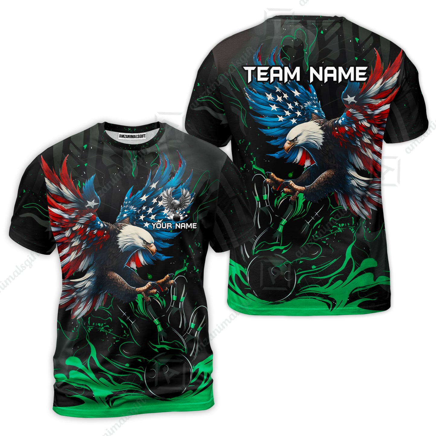 Custom Bowling Team Jerseys, Bowling uniforms Quarter-Zip Polo, Bowling Ball & Pins Almighty American Eagle Customized Name And Team Name