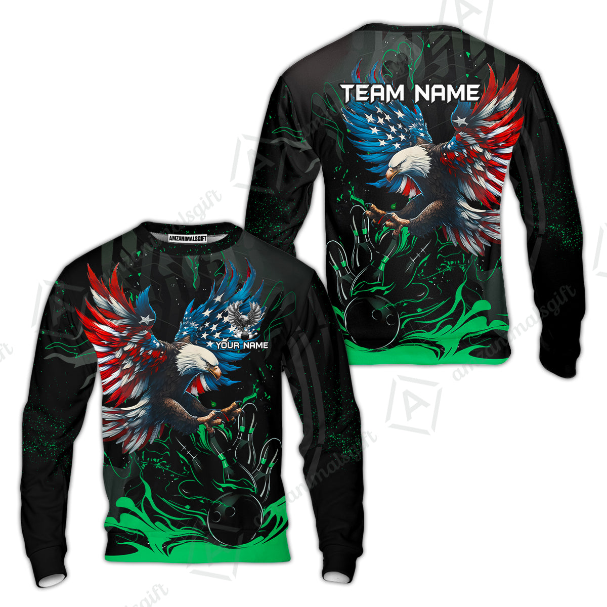 Custom Bowling Team Jerseys, Bowling uniforms Quarter-Zip Polo, Bowling Ball & Pins Almighty American Eagle Customized Name And Team Name