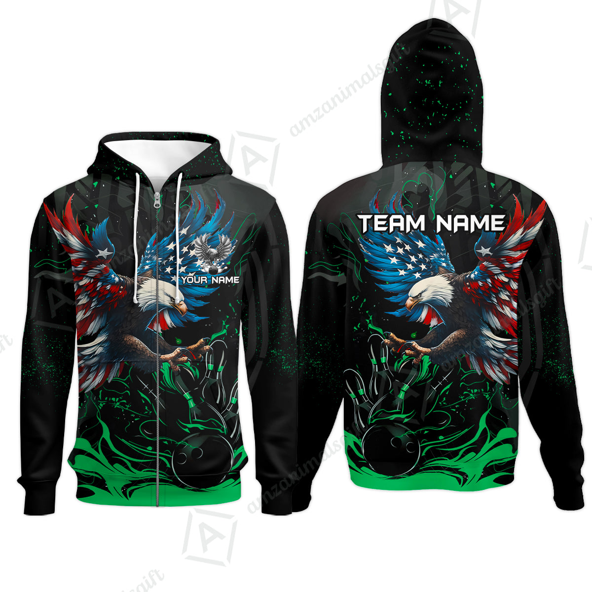 Custom Bowling Team Jerseys, Bowling uniforms Quarter-Zip Polo, Bowling Ball & Pins Almighty American Eagle Customized Name And Team Name