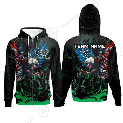 Custom Bowling Team Jerseys, Bowling uniforms Quarter-Zip Polo, Bowling Ball & Pins Almighty American Eagle Customized Name And Team Name