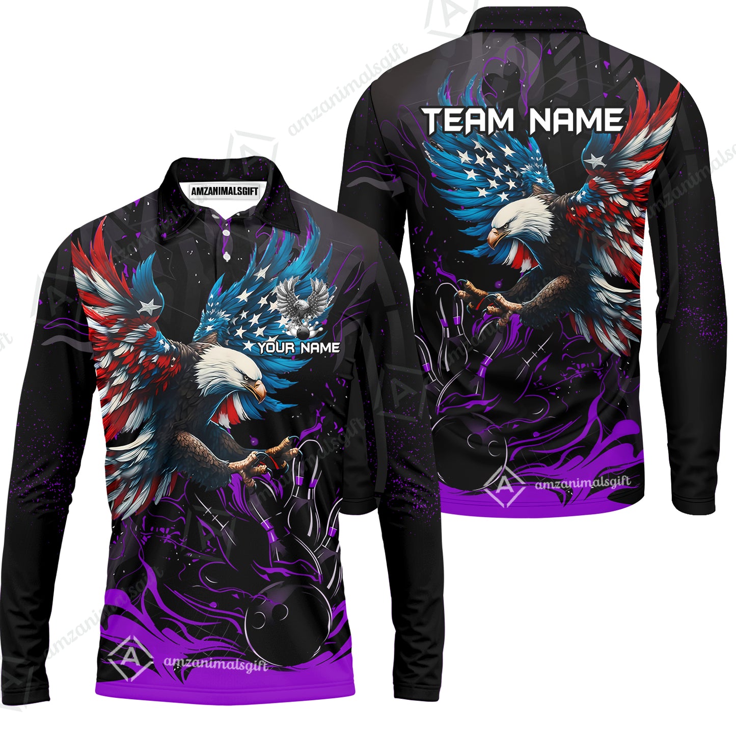 Custom Bowling Team Jerseys, Bowling uniforms Quarter-Zip Polo, Bowling Ball & Pins Almighty American Eagle Customized Name And Team Name