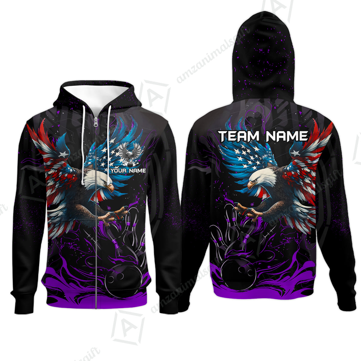 Custom Bowling Team Jerseys, Bowling uniforms Quarter-Zip Polo, Bowling Ball & Pins Almighty American Eagle Customized Name And Team Name