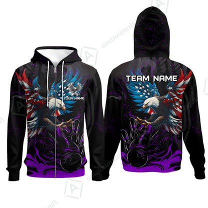 Custom Bowling Team Jerseys, Bowling uniforms Quarter-Zip Polo, Bowling Ball & Pins Almighty American Eagle Customized Name And Team Name