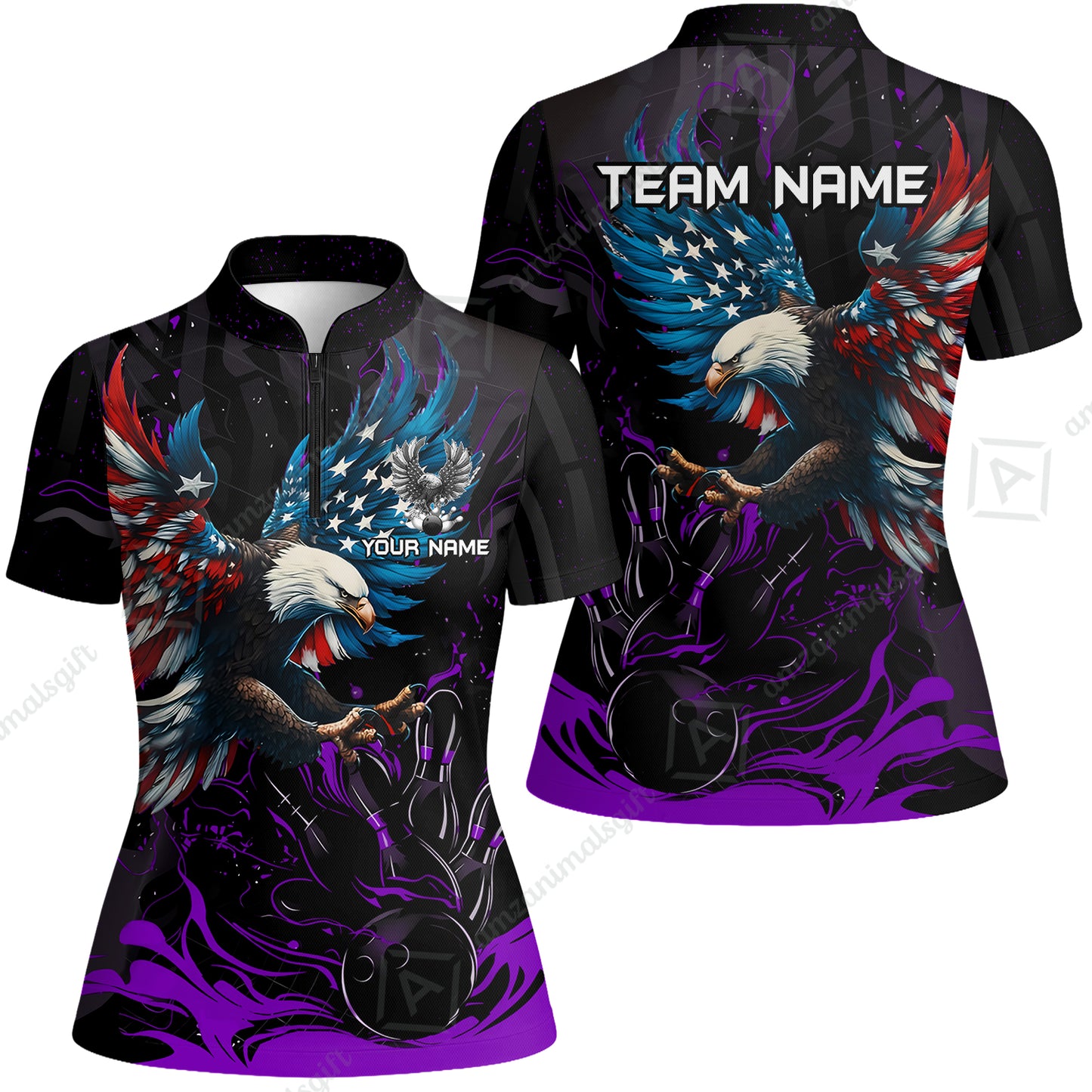 Custom Bowling Team Jerseys, Bowling uniforms Quarter-Zip Polo, Bowling Ball & Pins Almighty American Eagle Customized Name And Team Name