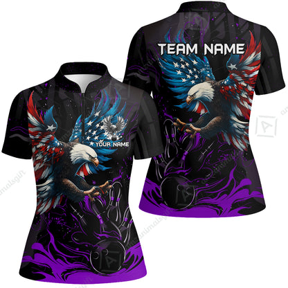 Custom Bowling Team Jerseys, Bowling uniforms Quarter-Zip Polo, Bowling Ball & Pins Almighty American Eagle Customized Name And Team Name