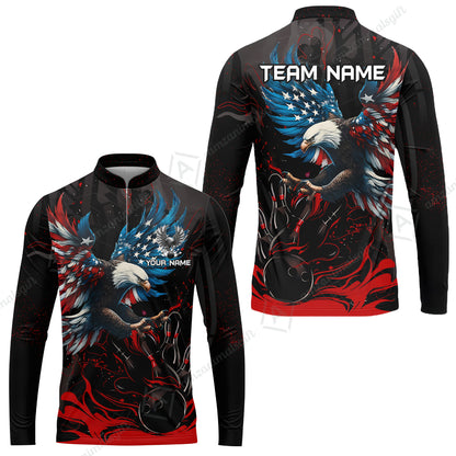Custom Bowling Team Jerseys, Bowling uniforms Quarter-Zip Polo, Bowling Ball & Pins Almighty American Eagle Customized Name And Team Name