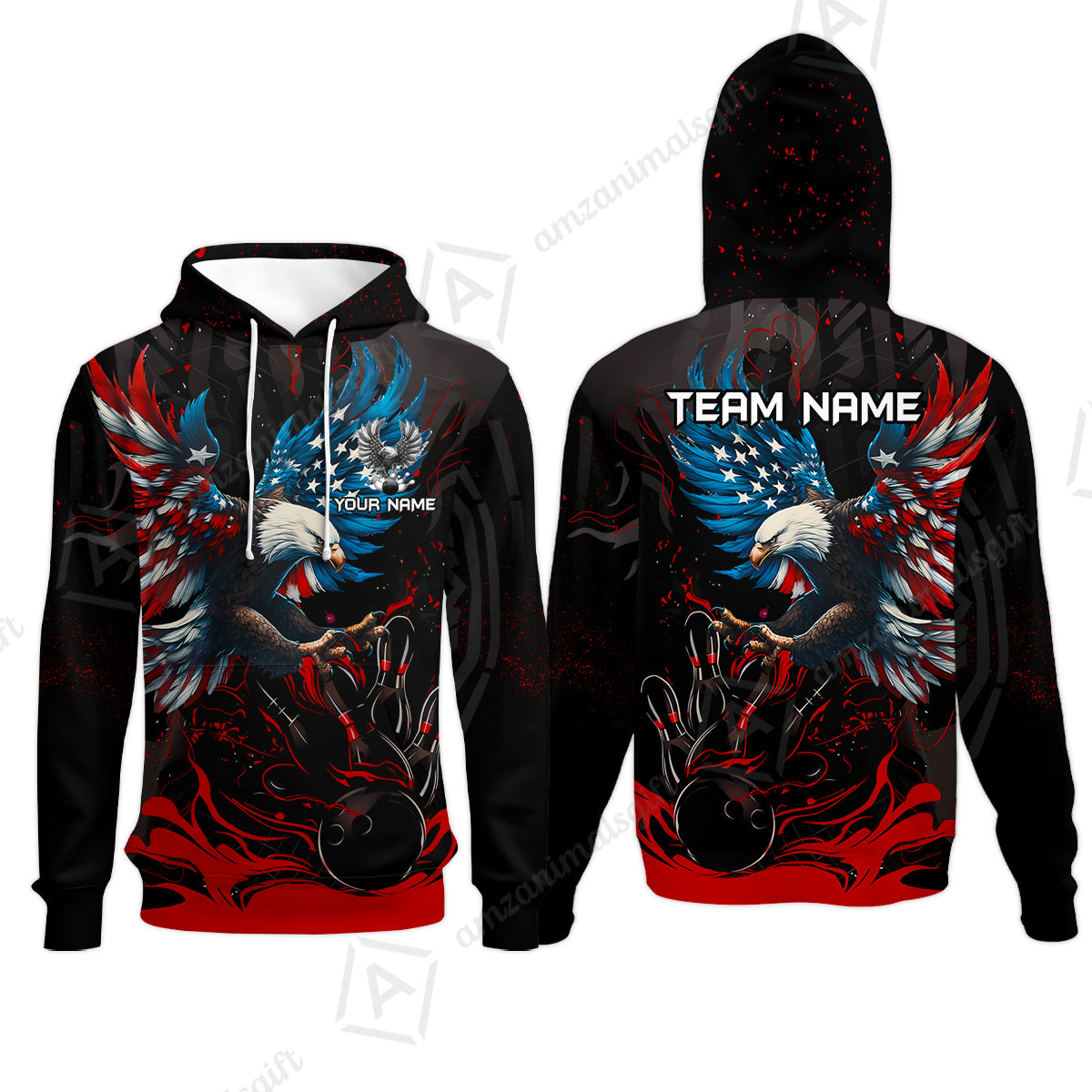 Custom Bowling Team Jerseys, Bowling uniforms Quarter-Zip Polo, Bowling Ball & Pins Almighty American Eagle Customized Name And Team Name