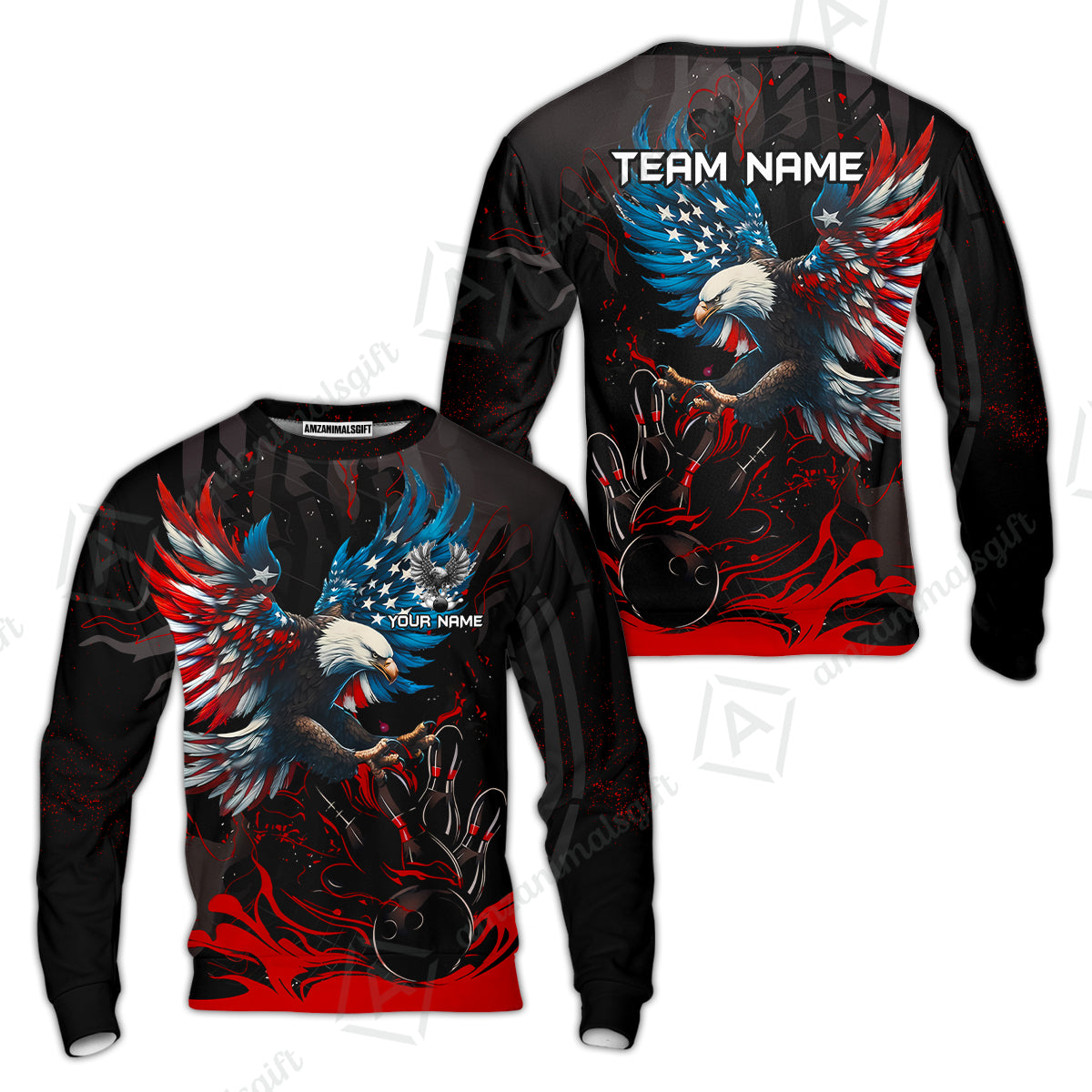 Custom Bowling Team Jerseys, Bowling uniforms Quarter-Zip Polo, Bowling Ball & Pins Almighty American Eagle Customized Name And Team Name
