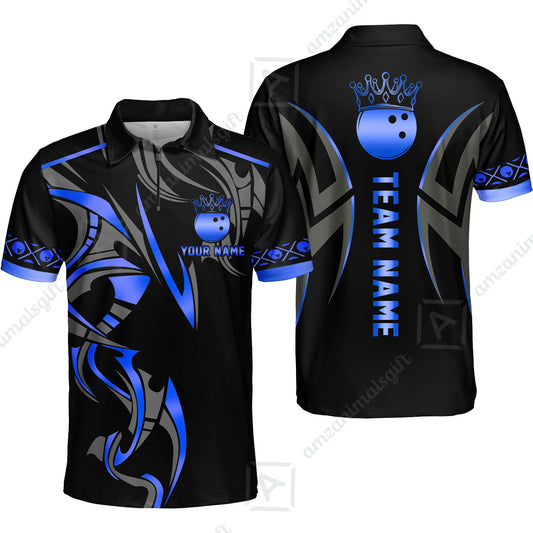 Custom Bowling Quater-Zip Polo Shirt, Bowling Uniforms Quarter-Zip Polo, Bowling Ball Crown Multicolor Options Personalized Name And Team Name
