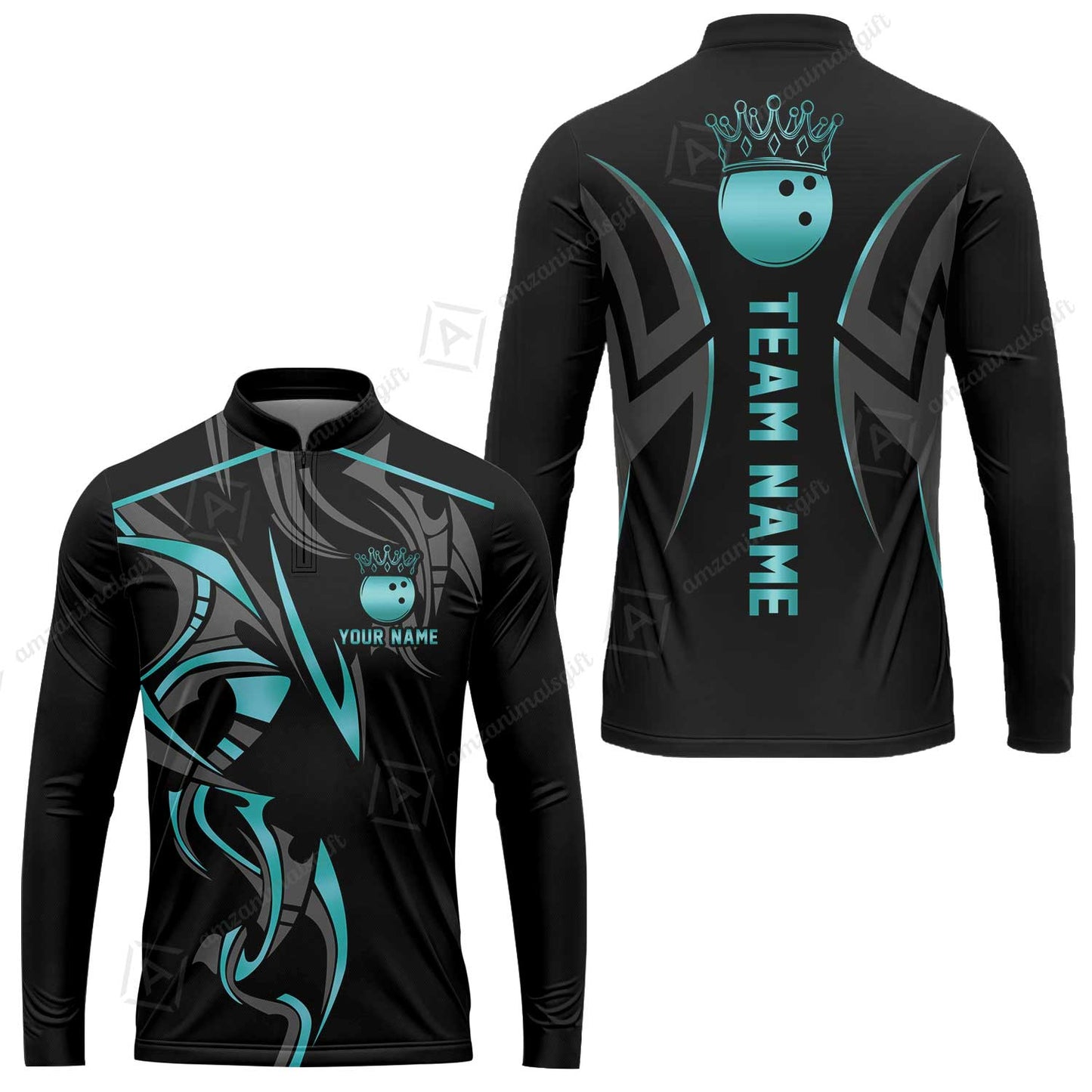 Custom Bowling Long Sleeve Jersey, Bowling Uniforms Quarter-Zip Polo, Bowling Ball Crown Multicolor Options Personalized Name And Team Name