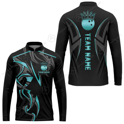 Custom Bowling Long Sleeve Jersey, Bowling Uniforms Quarter-Zip Polo, Bowling Ball Crown Multicolor Options Personalized Name And Team Name