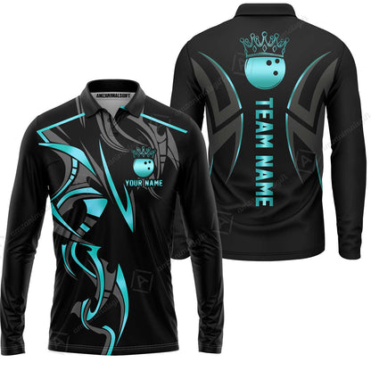 Custom Bowling Long Sleeve Polo Shirt, Bowling Uniforms Quarter-Zip Polo, Bowling Ball Crown Multicolor Options Personalized Name And Team Name