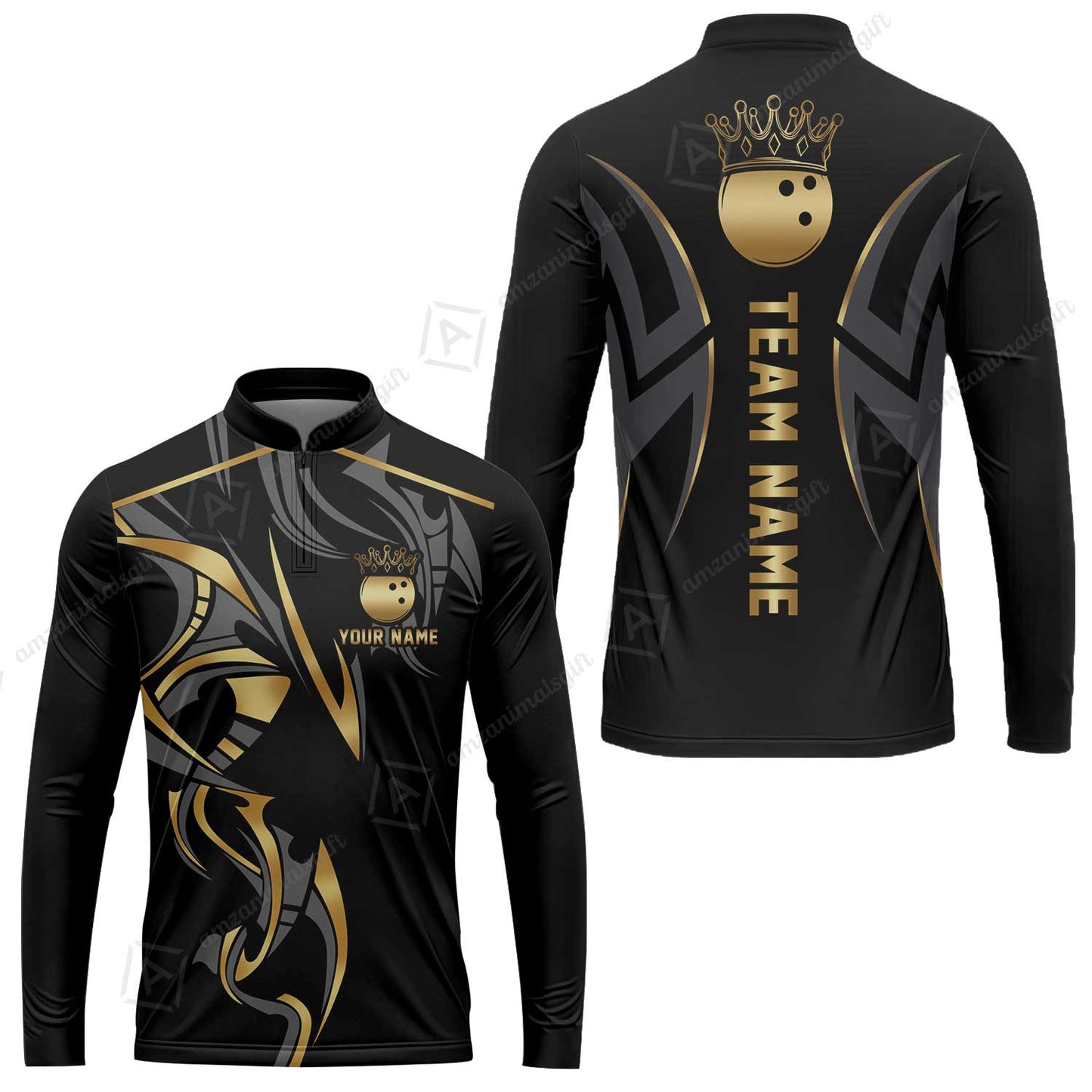 Custom Bowling Long Sleeve Jersey, Bowling Uniforms Quarter-Zip Polo, Bowling Ball Crown Multicolor Options Personalized Name And Team Name