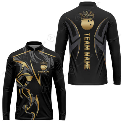 Custom Bowling Long Sleeve Jersey, Bowling Uniforms Quarter-Zip Polo, Bowling Ball Crown Multicolor Options Personalized Name And Team Name