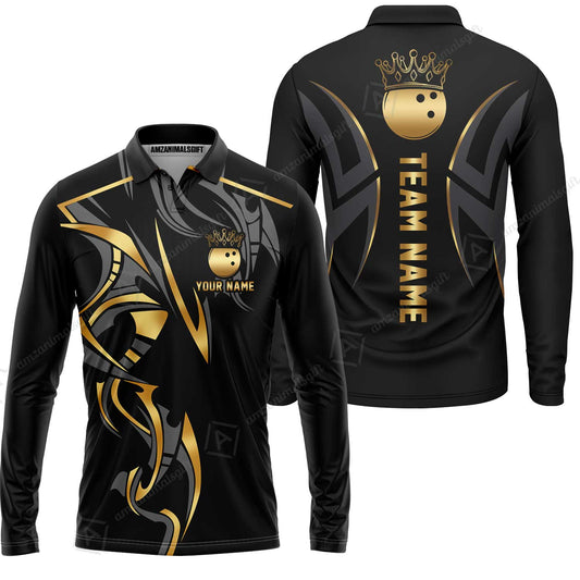 Custom Bowling Long Sleeve Polo Shirt, Bowling Uniforms Quarter-Zip Polo, Bowling Ball Crown Multicolor Options Personalized Name And Team Name