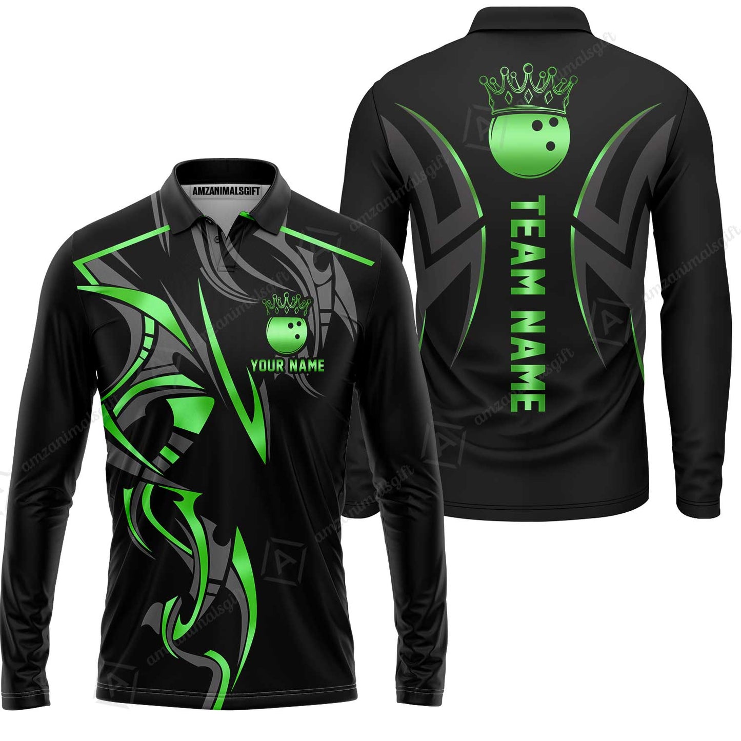 Custom Bowling Long Sleeve Polo Shirt, Bowling Uniforms Quarter-Zip Polo, Bowling Ball Crown Multicolor Options Personalized Name And Team Name