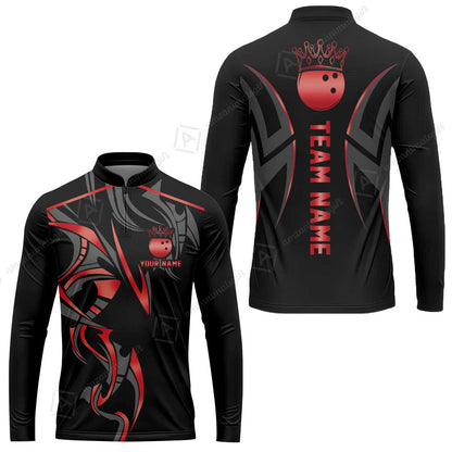 Custom Bowling Long Sleeve Jersey, Bowling Uniforms Quarter-Zip Polo, Bowling Ball Crown Multicolor Options Personalized Name And Team Name