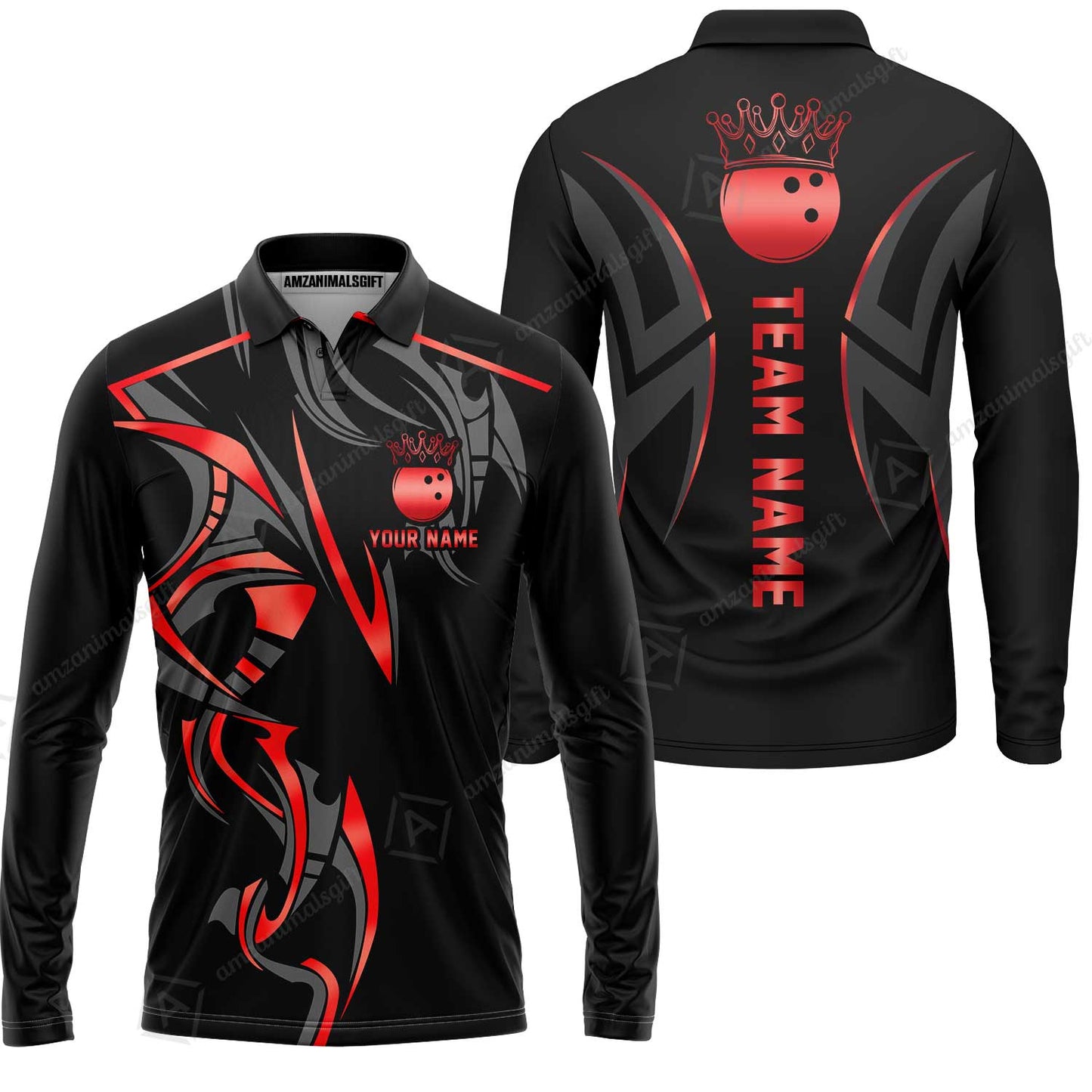 Custom Bowling Long Sleeve Polo Shirt, Bowling Uniforms Quarter-Zip Polo, Bowling Ball Crown Multicolor Options Personalized Name And Team Name