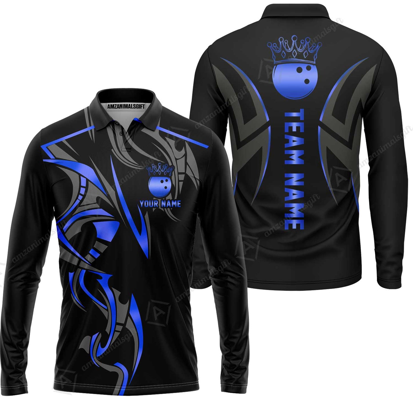 Custom Bowling Long Sleeve Polo Shirt, Bowling Uniforms Quarter-Zip Polo, Bowling Ball Crown Multicolor Options Personalized Name And Team Name