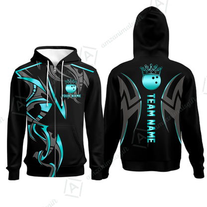 Custom Bowling Zip Hoodie, Bowling Uniforms Quarter-Zip Polo, Bowling Ball Crown Multicolor Options Personalized Name And Team Name