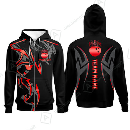 Custom Bowling Zip Hoodie, Bowling Uniforms Quarter-Zip Polo, Bowling Ball Crown Multicolor Options Personalized Name And Team Name
