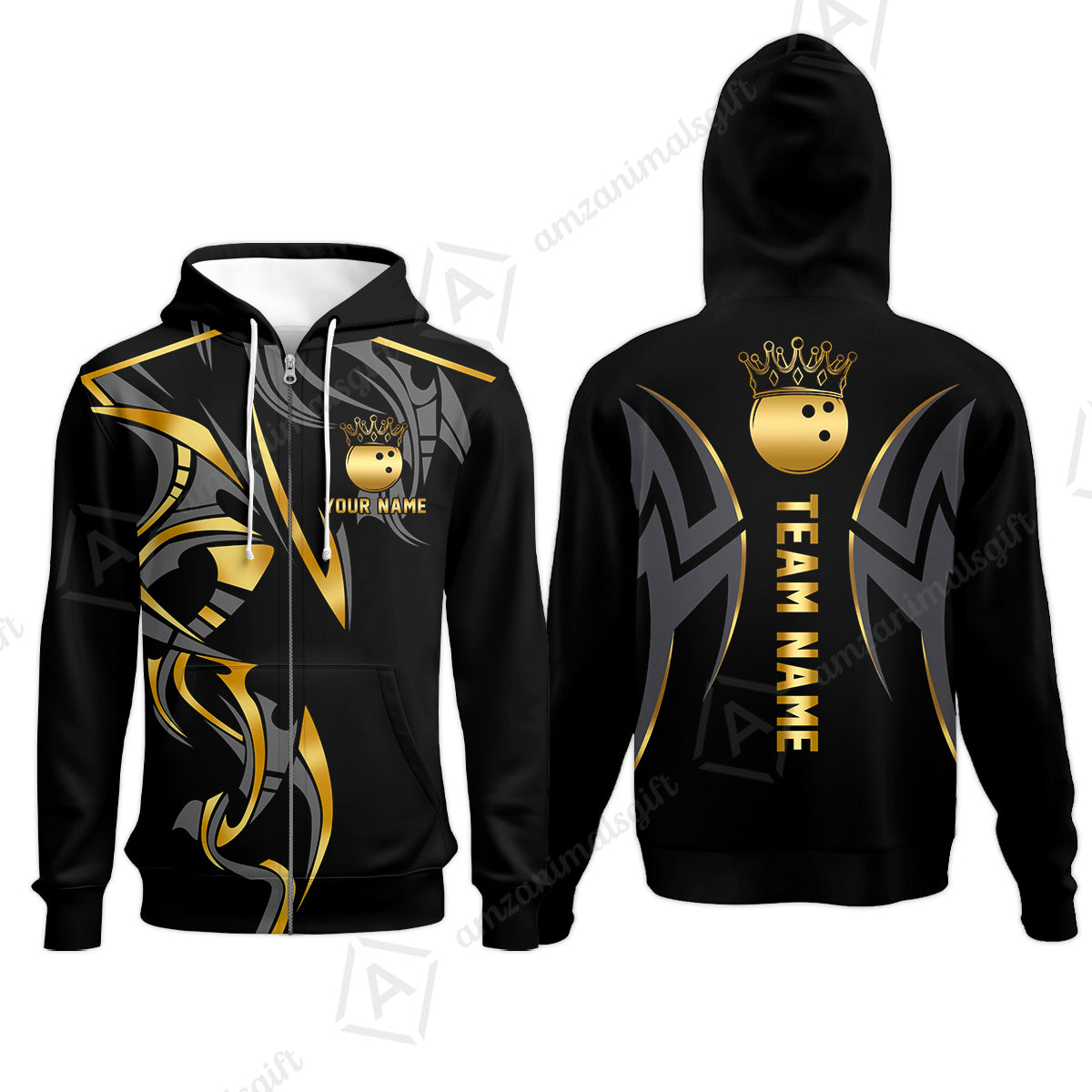 Custom Bowling Zip Hoodie, Bowling Uniforms Quarter-Zip Polo, Bowling Ball Crown Multicolor Options Personalized Name And Team Name