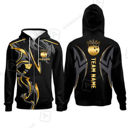 Custom Bowling Zip Hoodie, Bowling Uniforms Quarter-Zip Polo, Bowling Ball Crown Multicolor Options Personalized Name And Team Name