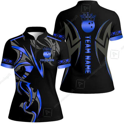Custom Bowling Women Jersey Shirt, Bowling Uniforms Quarter-Zip Polo, Bowling Ball Crown Multicolor Options Personalized Name And Team Name