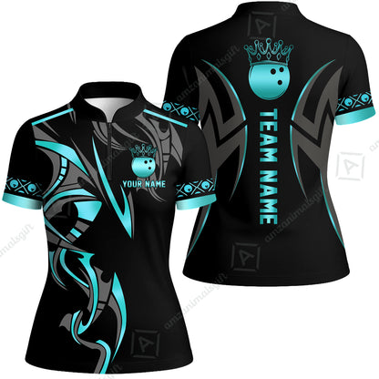Custom Bowling Women Jersey Shirt, Bowling Uniforms Quarter-Zip Polo, Bowling Ball Crown Multicolor Options Personalized Name And Team Name