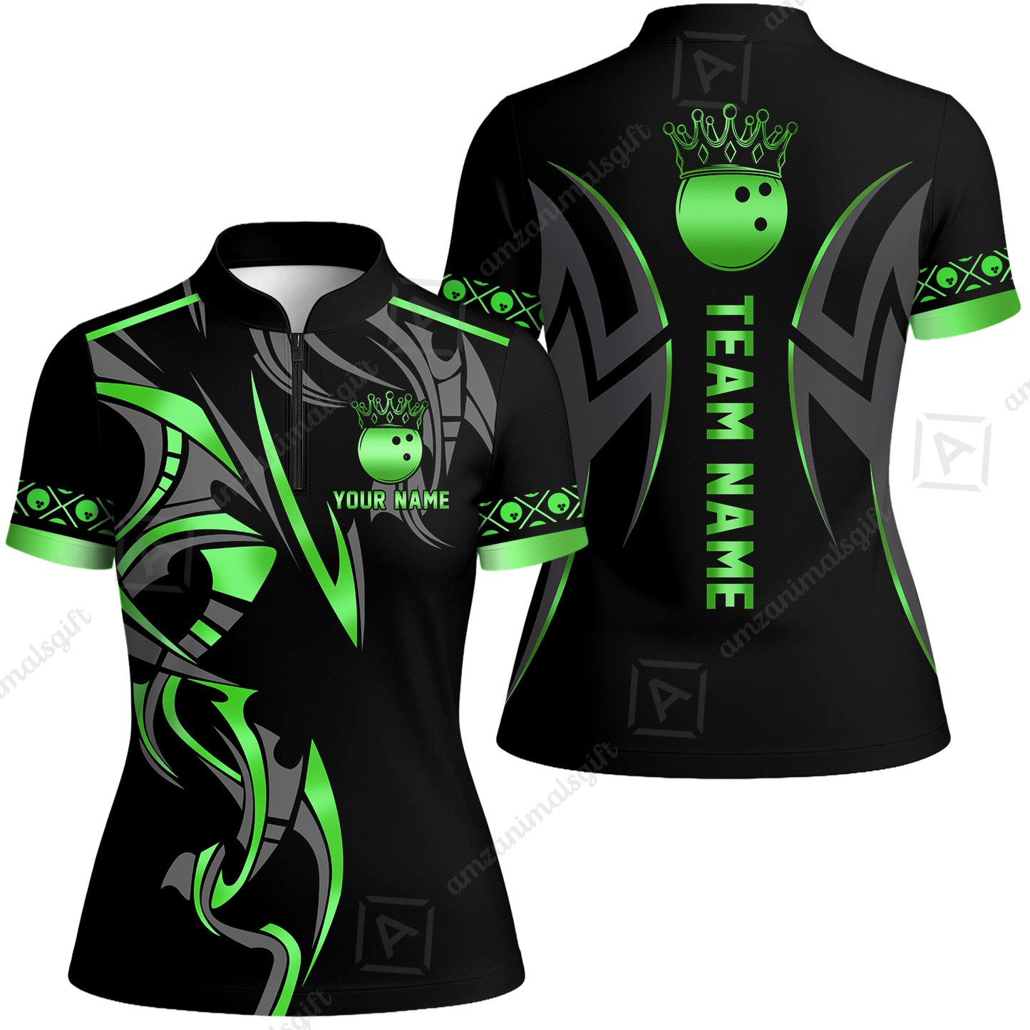 Custom Bowling Women Jersey Shirt, Bowling Uniforms Quarter-Zip Polo, Bowling Ball Crown Multicolor Options Personalized Name And Team Name