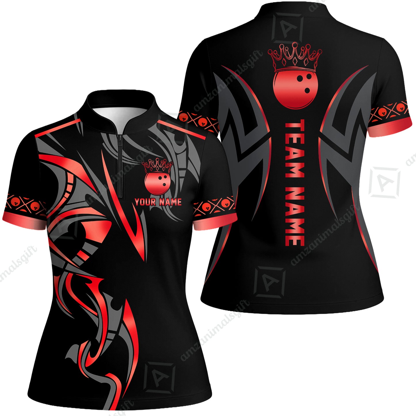Custom Bowling Women Jersey Shirt, Bowling Uniforms Quarter-Zip Polo, Bowling Ball Crown Multicolor Options Personalized Name And Team Name