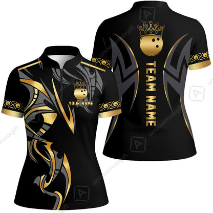 Custom Bowling Women Jersey Shirt, Bowling Uniforms Quarter-Zip Polo, Bowling Ball Crown Multicolor Options Personalized Name And Team Name
