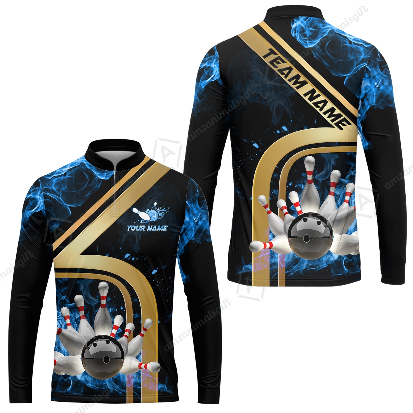 Custom Bowling Team Jerseys Polo Shirts, Bowling uniforms Ball & Pins Water And Flame Multicolor Options Personalized Name And Team Name