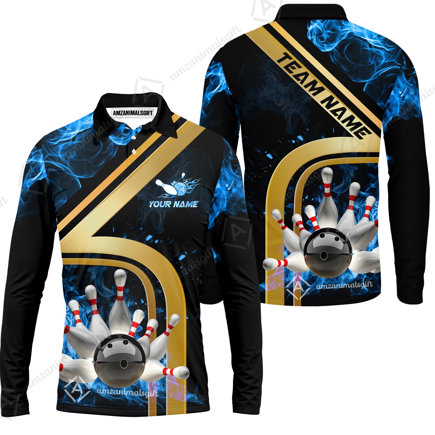 Custom Bowling Team Jerseys Polo Shirts, Bowling uniforms Ball & Pins Water And Flame Multicolor Options Personalized Name And Team Name